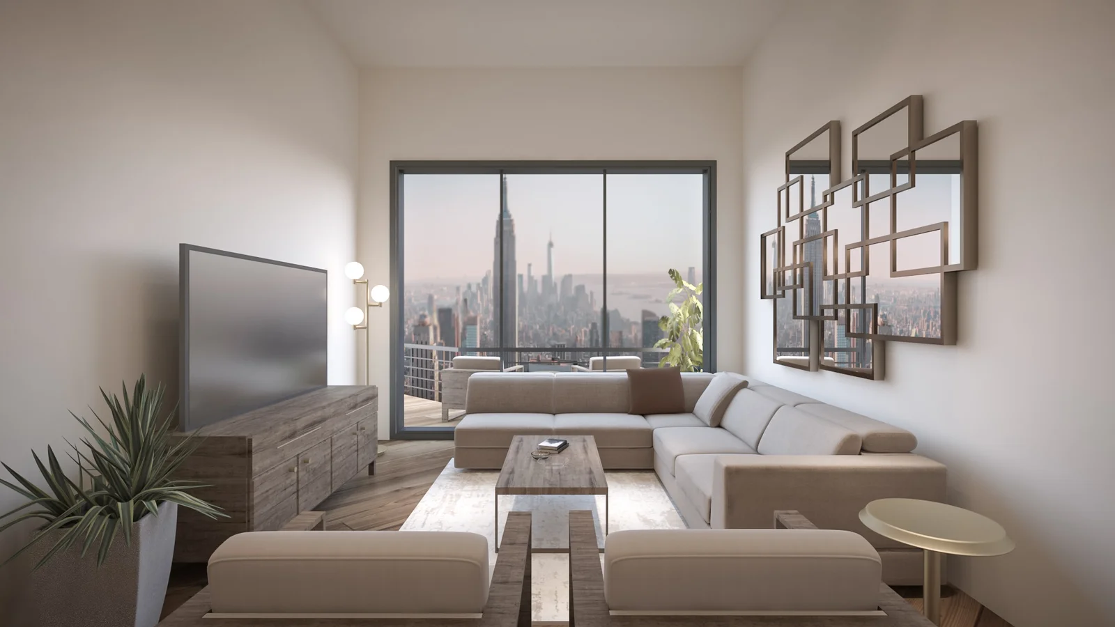 Spacious residence living room with modern furnishings and city views