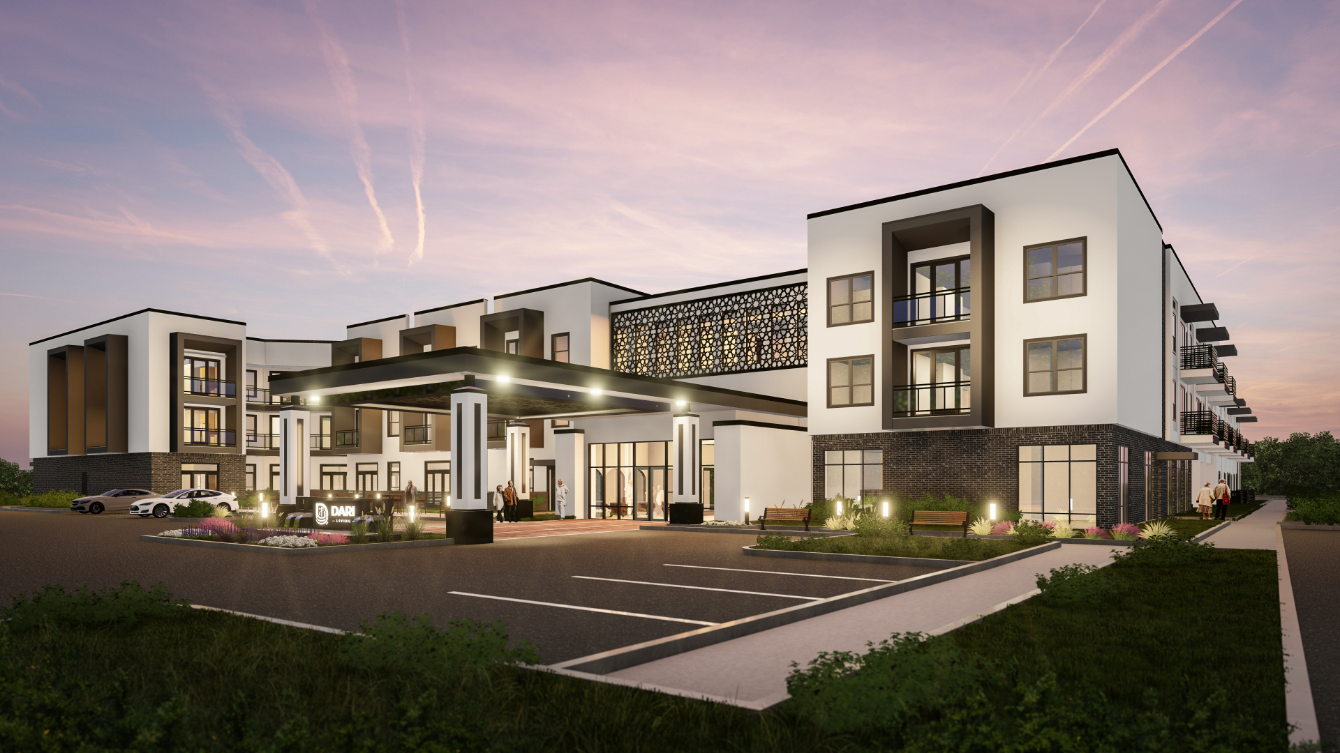 Dari Living luxury 55+ community exterior at dusk in Plano, Texas