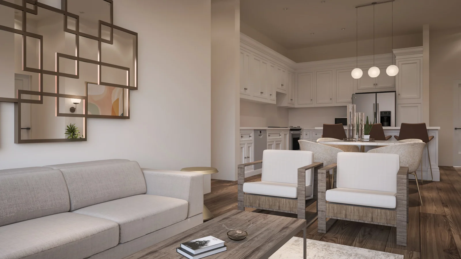 Amenity showcase — signature interior with lounge seating, dining, and open kitchen